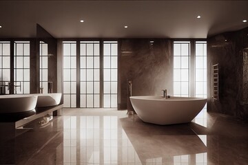 Luxury bathroom with marble. Modern interior hotel or home design with clean and elegance space. Natural lighting window. Generative AI illustration