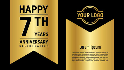7th anniversary template design with golden ribbon for anniversary celebration event, invitation, greeting card, banner, poster, flyer. Vector Template illustration