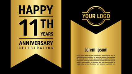11th anniversary template design with golden ribbon for anniversary celebration event, invitation, greeting card, banner, poster, flyer. Vector Template illustration