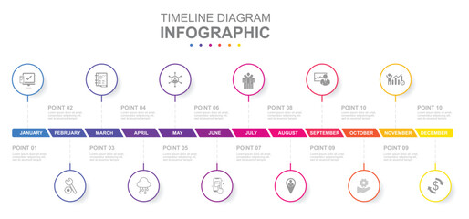 Infographic business template. 12 Months modern Timeline diagram calendar with circles. Concept presentation.