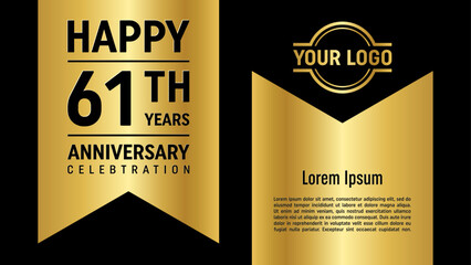 61th anniversary template design with golden ribbon for anniversary celebration event, invitation, greeting card, banner, poster, flyer. Vector Template illustration