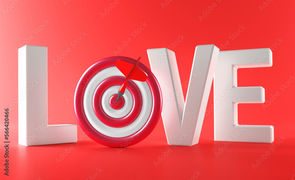 Poster word love with small dartboard on red background. 3d rendering.