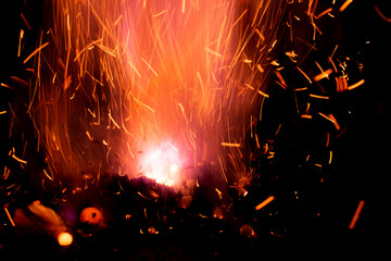 fire in dark. explosion black powder.