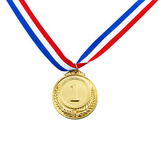 Gold, silver and bronze medals on ribbons. Sports competition first, second and third place awards....