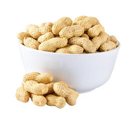organic peanuts in shell in a ceramic plate close-up isolated on white background.