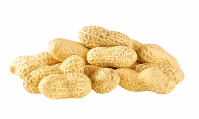 Heap of organic peanuts in shell isolated on white background.