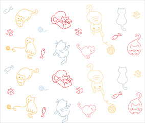 Colorful cat pattern hand drawn vector design, illustration