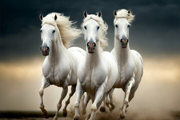 Naklejka na ściany i meble Three white horses riding through the field. Generative AI.