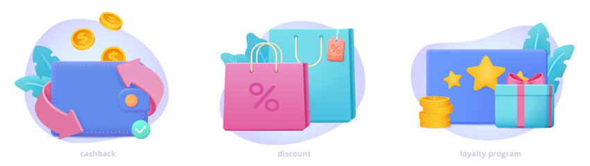 Set of shopping vector 3d illustrations: Cash back, Discount and Loyalty program with floral elements. Shopping icons for web site, landing page, banner. 