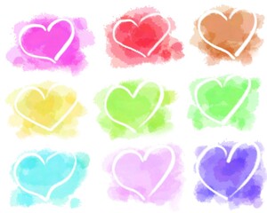 set of hearts on a watercolor spot of different colors 