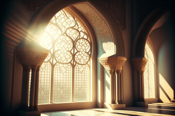 the peaceful beauty of a mosque illuminated by sun ray through the window