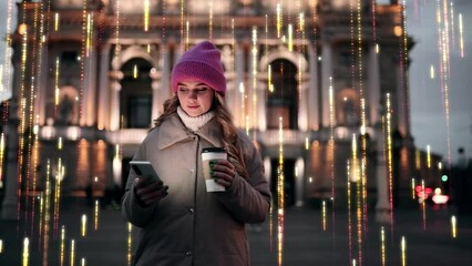 Charming young blond woman walk down the night city street with cup of coffee and using smartphone mobile phone Internet by information lines flying to the global communication digital network concept - Powered by Adobe