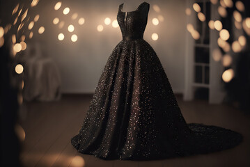 Beautiful black evening sparkly dress for wedding, party or prom hanging on a hanger. Generative AI
