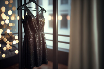 Beautiful black evening sparkly dress for wedding, party or prom hanging by the window on a hanger. Generative AI