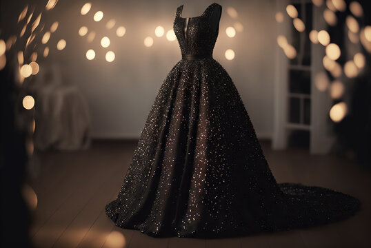 Beautiful Black Evening Sparkly Dress For Wedding, Party Or Prom Hanging On A Hanger. Generative AI