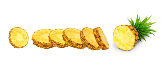 whole pineapple and pineapple slice. Pineapple with leaves isolate on white. Full depth of field. summer fruits, for a healthy and natural life,