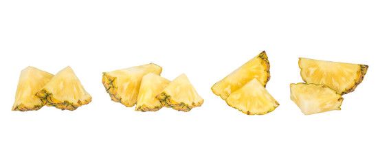 Naklejka premium whole pineapple and pineapple slice. Pineapple with leaves isolate on white. Full depth of field. summer fruits, for a healthy and natural life,