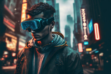 Obraz premium young man with virtual reality glasses in a digital city environment modern cyberpunk style with neon lights. IA generativa.