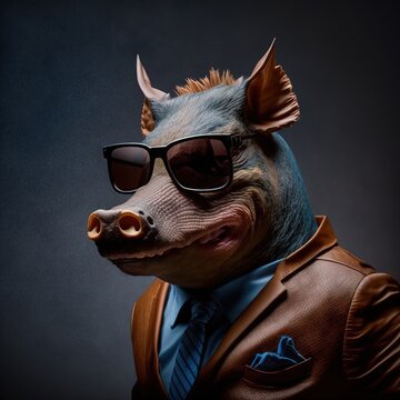 Illustration of Razorback Hog photography in a suit as mascot fun human-like character generative ai