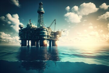 Illustration of obsolete offshore oil platform, conceptual drawing. Ai generatd.