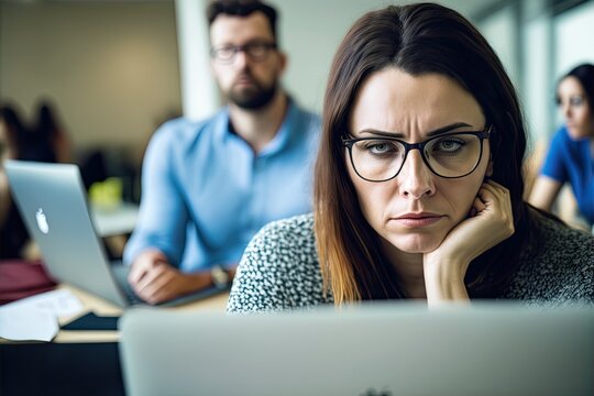 Woman concentrated and upset at her work in front of a computer, gesturing face. Ai generated.