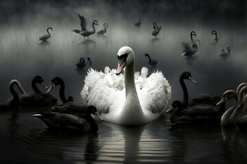 Illustration of a white swan with black ones, concept of individuality and special personalities. Ai generated. - obrazy, fototapety, plakaty
