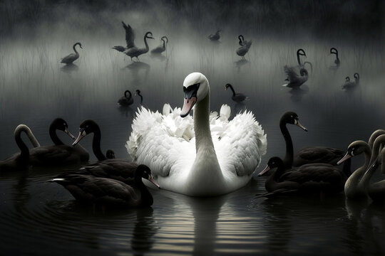 Illustration of a white swan with black ones, concept of individuality and special personalities. Ai generated.