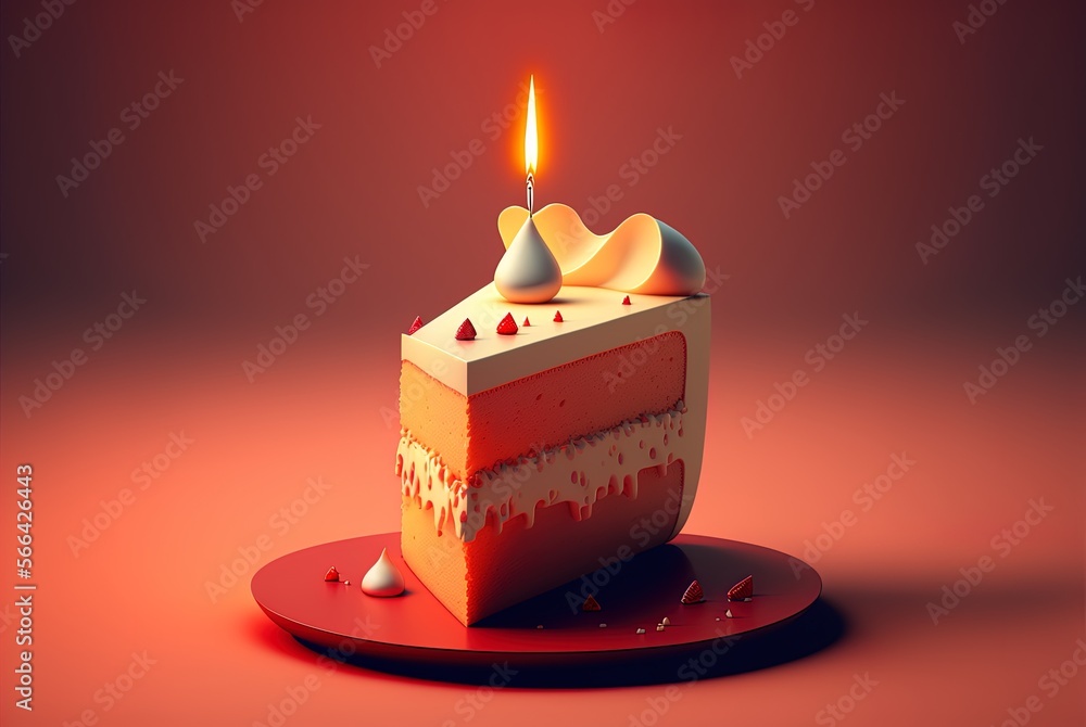 Poster one slice of cake with a candle drawn on a red backdrop generative ai