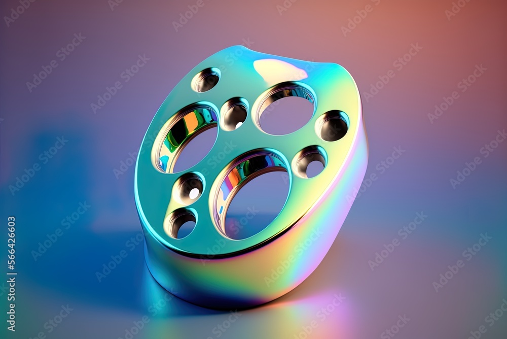 Poster a non-objective holographic form color-filled, spongy, holey item isolated on a blue backdrop, this 