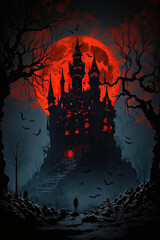 Blood moon over a dark and haunted castle