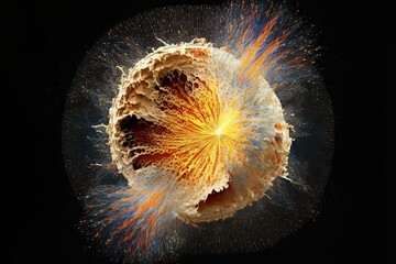 Abstract and colorful spherical shape resembling both an explotion and schematic breakdown of the interiour - Generative AI