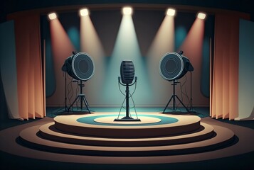 cartoon illustration, stage for a talent show with round podium spotlights , generative AI