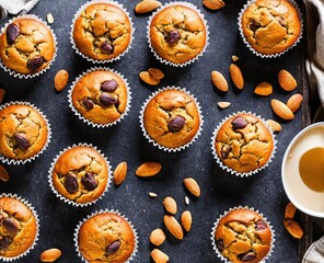 homemade almond muffins with nuts and chocolate on a black background