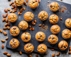 homemade muffins with nuts and chocolate on a black background