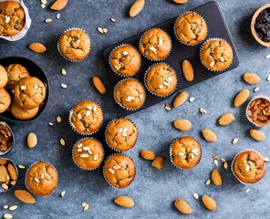 homemade almond muffins with nuts and chocolate on a black background