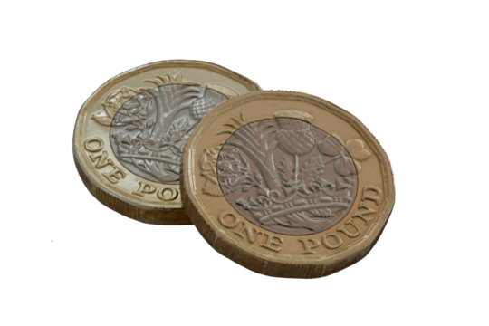 two one pound coins isolated.