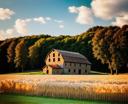 beautiful landscape with a wooden barn house in the countryside