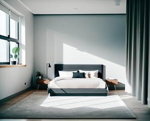 interior of a modern bedroom with a large window, apartment, architecture, bed, bedroom, comfort