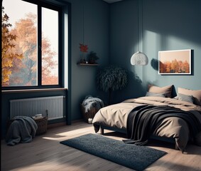 interior of a modern bedroom with a large window, apartment, architecture, bed, bedroom, comfort