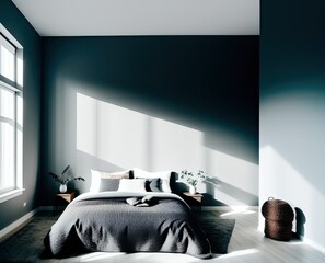 interior of a modern bedroom with a large window, apartment, architecture, bed, bedroom, comfort