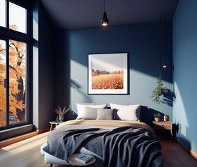 interior of a modern bedroom with a large window, apartment, architecture, bed, bedroom, comfort