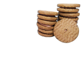 Chocolate sandwich cookies, baked biscuits stuffed with milk cream isolated