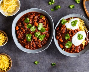 mexican con carne food with beef, tomato and salsa, top view
