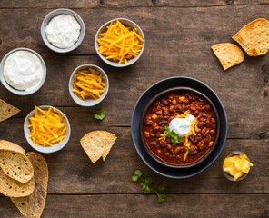 mexican con carne food with beef, tomato and salsa, top view