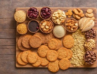 various types of nuts and crackers on a white background.