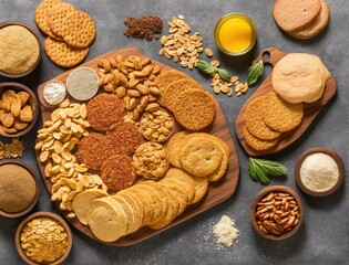 various types of nuts and crackers on a white background.