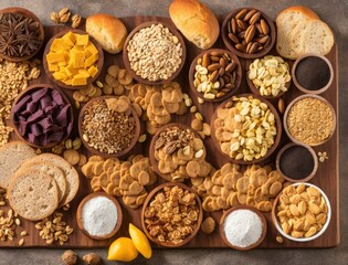 various types of nuts and crackers on a white background.