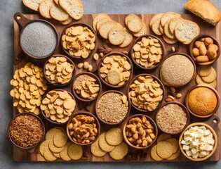 various types of nuts and crackers on a white background.