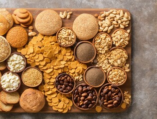 various types of nuts and crackers on a white background.