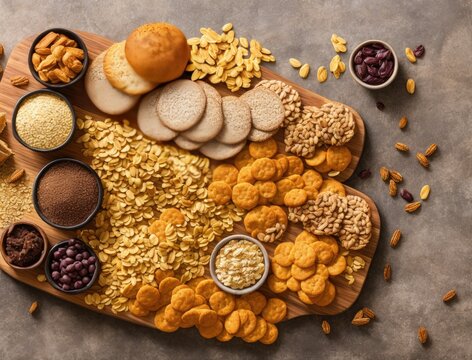 various types of nuts and crackers on a white background.